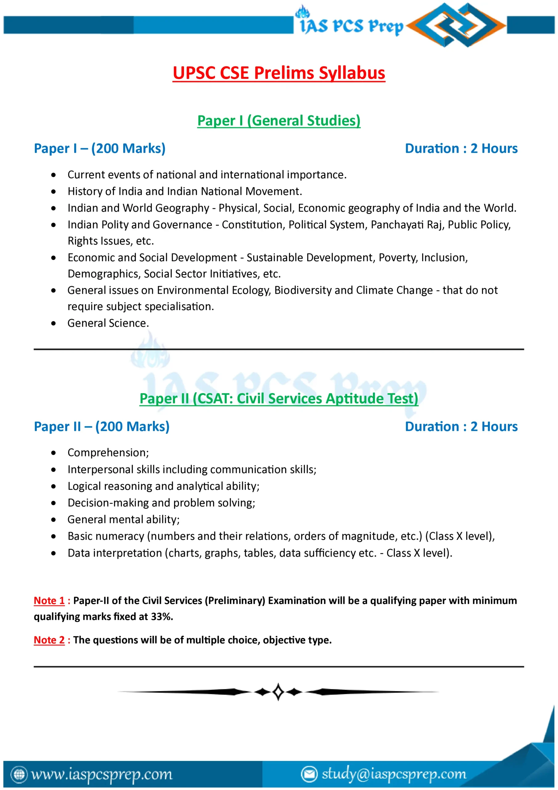 UPSC CSE Prelims Syllabus 1 UPSC CSE Prelims Official Syllabus Overview - Paper I GS and Paper II CSAT